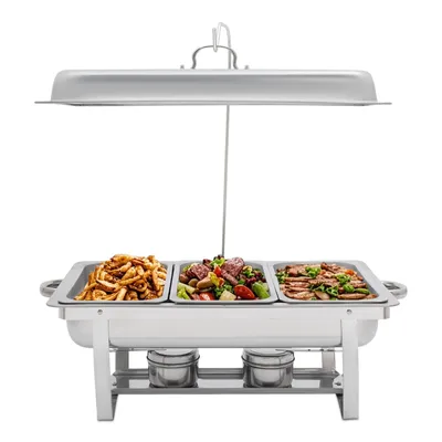 A chafing dish with three compartments filled with food, placed on a white background.