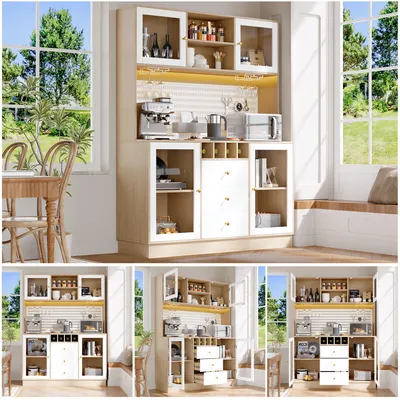 Image de Armoire haute moderne avec éclairage LED contrôlé par application, armoire de cuisine blanche de 186 cm, vitrine avec étagère à verres à vin et façade en verre, lot de 3 avec dispositif anti-basculement