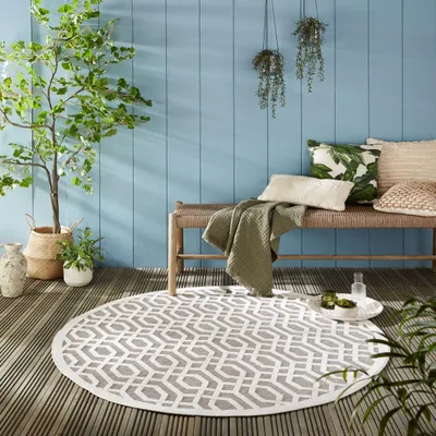 Produktbild von Outdoor-Teppich Kurzflor Geometrisch Polypropylen Grau-Beige 160x160 cm Terrasse Outdoor waschbar Modern STOUR | Kadima Design