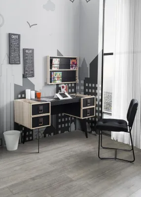 Zdjęcie produktu dla Nowoczesny biurko z półką ścienną do pokoju młodzieżowego, designerskie meble, kolor czarny
