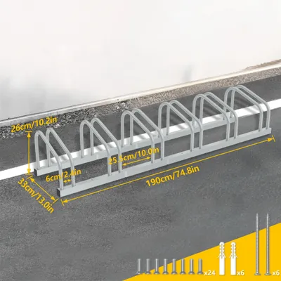Image de Support à vélos - Fixation au sol ou au mur pour 6 vélos - Acier robuste - Pour pneus de 30 à 65 mm de largeur - Adapté aux garages et aux espaces extérieurs - Argenté
