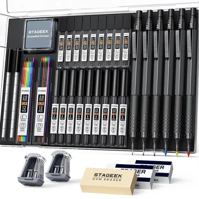 Obrázek produktu pro Sada tužek pro kreslení, 6 kusů, s tloušťkami hrotu 0,5/0,7/0,9/2,0 mm, včetně 384 náhradních tuh, vhodná pro umělce, skicování a kreslení, černá