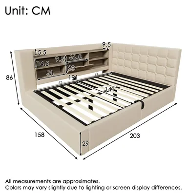 Imagen del producto de Cama tapizada en lino, individual, 140 x 190 cm, con iluminación LED, espacio de almacenamiento con sistema hidráulico, cabecero en forma de L, sin colchón, color beige