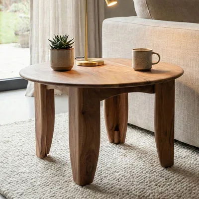 Image de FineBuy Table basse ronde 60 cm Table de salon en bois massif d'acacia Table basse en bois Design moderne Table d'appoint Salon Fait main