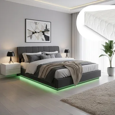 Produktbild von LED Polsterbett 'Tröstiar' mit Bettkasten und Matratze Leinen 180 x 200 cm Schwarz