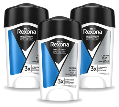 Imagen del producto de 3 unidades de antitranspirante en barra Rexona Men Maximum Protection, aroma Clean, 45 ml. Paquete económico