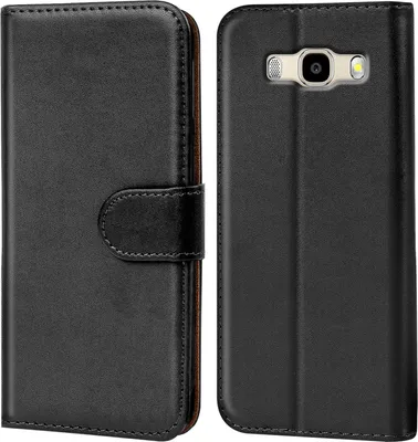 A black flip case for a smartphone is shown from the front and back.