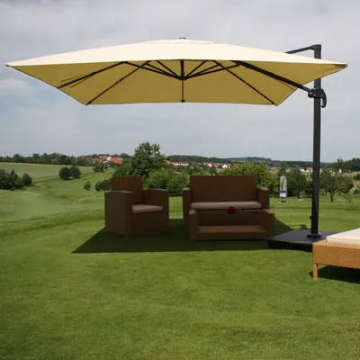 Produktbild von Ampelschirm HWC-A96, Gastronomie Sonnenschirm, 3x3m (Ø4,24m) Polyester/Alu 23kg creme mit Ständer, drehbar