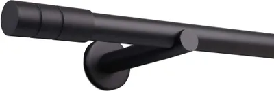 A close-up studio shot of a black curtain rod with a mounting bracket.