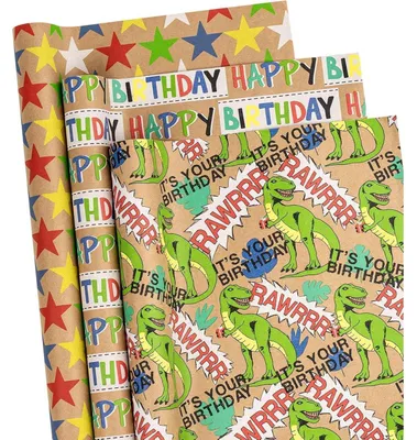 Productafbeelding van Geprinte cadeaupapierrollen, verjaardag, dinosaurus, 43 cm x 3 meter, set van 3, kraftpapier