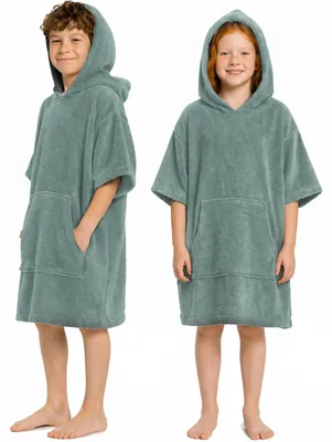 Produktbild von Frottee Badeponcho Kinder Mädchen Jungen 100% Baumwolle Bademantel Surfponcho Jade 3-5 Jahre (104-116)