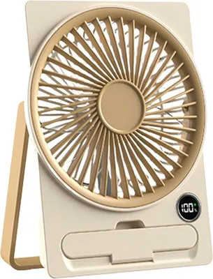 Zdjęcie produktu dla Mini wentylator stołowy Zimilo USB z akumulatorem, 7 łopatek, 100 stopni, cichy, wyświetlacz LCD, uchwyt na telefon komórkowy, obrót o 180°, do biura, domu, na kemping, kolor beżowy