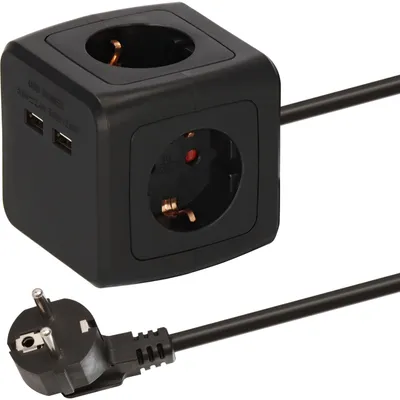 Produktbild von BAT Steckdosenwürfel 4-fach mit 2x USB (Mehrfachsteckdose mit erhöhtem Berührungsschutz und 1,4m Kabel) schwarz