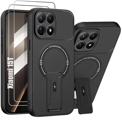 Image de Coque + 2 Verres Trempés pour Xiaomi 15T, Silicone Antichoc avec Cercle Magnétique et Support - Noir