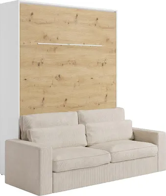 Produktbild von Schrankbett + Sofa + Matratze - 160 x 200 cm - Manuelle vertikale Öffnung - Mit LED-Beleuchtung - Weiß & Holzfarben - RAPILI
