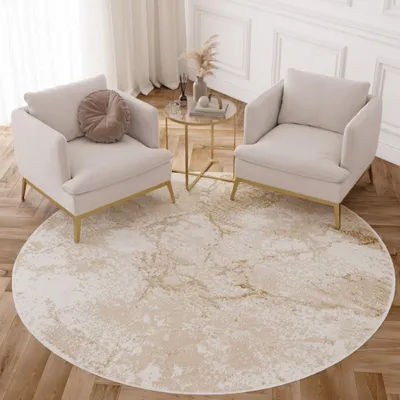A living room scene with two chairs and a round rug.