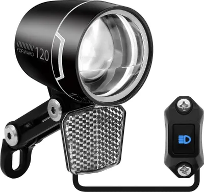 A black and silver e-bike headlight with a separate button.
