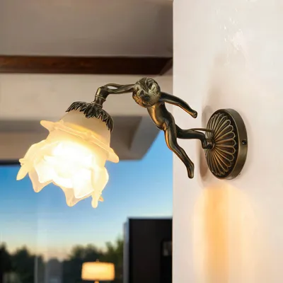 Produktbild von Messinglampe Wand Glas Schirm kunstvoll Handarbeit Wandleuchte