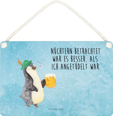 Produktbild von Mr. & Mrs. Panda Schild Pinguin Bier DIN A5 - Eisblau - Geschenk, holzbild, kleine aufmerksamkeit, Wandbild Holz, , Wandschild, Türschild, Beschwippst