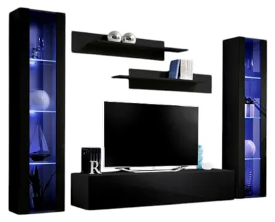 Image de Composition murale FLY A2 – Noir brillant avec LED – Meuble TV suspendu avec colonnes et étagères – Design moderne