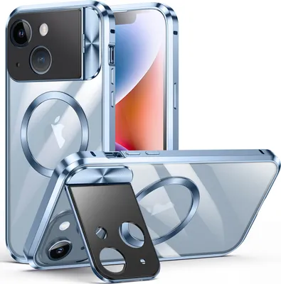 Produktbild von Handyhülle für iPhone 14 MagSafe Hülle, Integrierter Kamera-Ringständer, Magnetische Adsorption Metallrahmen Schutzhülle Blau