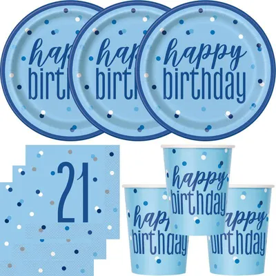 Produktbild von 21. Geburtstag Partyset Einweggeschirr hellblau blau 48 tlg. Partygeschirr Teller Becher Servietten