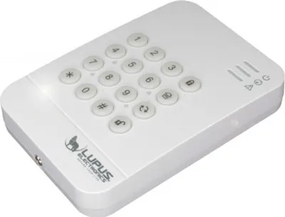 A white electronic keypad device with numbered buttons and symbols, placed on a white background.