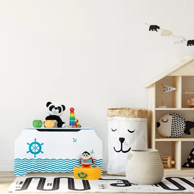 Image de Coffre à jouets « Marin » de Relaxdays, coffre à jouets avec couvercle, dimensions : 46 x 84 x 42,5 cm, compartiment à livres, coffre à jouets, blanc/bleu