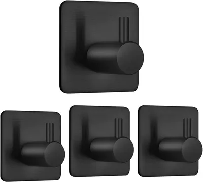 Image de 4 crochets adhésifs noirs, crochets pour serviettes, crochets muraux en acier inoxydable pour la salle de bain