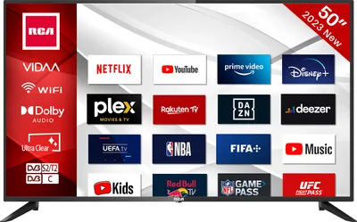 Produktbild von RCA iRV50U3 4K Fernseher 50 Zoll (127 cm) Smart TV mit HDR, Netflix, Prime Video, Rakuten TV, DAZN, Disney+, YouTube, UVM, WiFi, Sprachsteuerungs, Triple-Tuner DVB-T2 / S2 / C, Dolby Audio, 2023