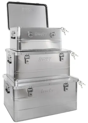 Obrázok produktu pre Sada 3x hliníkový box s vekom Strieborná hliníková prepravka Box 50 + 85 + 135 L hliníková prepravka Prepravný box Kovový box Hliníkový úložný box Boxy Uzamykateľná kovová prepravka Trucky