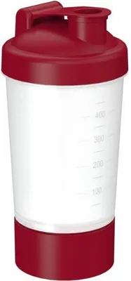 Obrázek produktu pro Šejkr 400 ml "Protein" Pro 1 - Fitness šejkr na proteinové a sportovní nápoje - šejkr do posilovny s odnímatelným sítkem a vyjímatelnou přihrádkou - průhledný/standardní červený