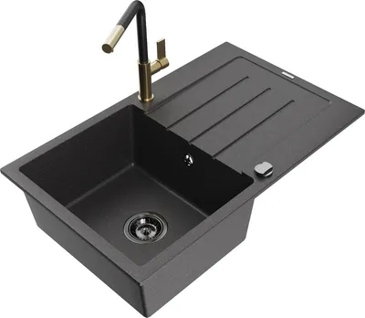Produktbild von Mexen Bruno 1 Becken-Granitspüle mit Abtropffläche und Mischbatterie Flora, Schwarz gesprenkelt - 6513-76-670401-57-B