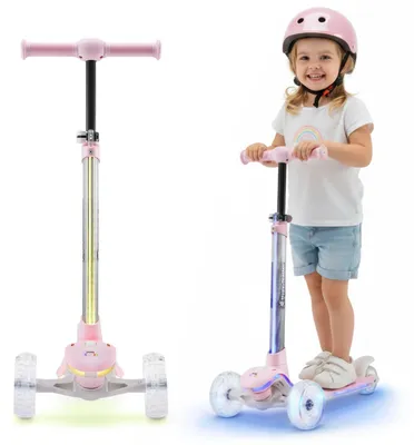 Obrázek produktu pro Dětská koloběžka BECKY - tříkolka - osvětlení RGB LED - nastavitelná řídítka - pro děti ve věku 3–8 let - růžová