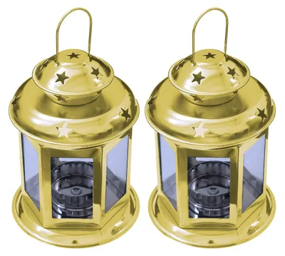 2er-Set antike Glas-Hängelaternen mit Sternen, Gold, Metallrahmen