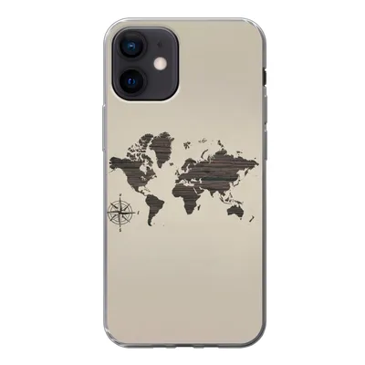 Produktbild von MuchoWow® Handyhülle Schutzhülle Hülle für iPhone 12 Weltkarte - Holz - Braun Silikon Softcase Handy Hülle - Schutzhülle