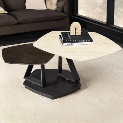 Produktbild von riess-ambiente Design Couchtisch MOVEMENT Pentagon drehbar Travertin / rost Keramik