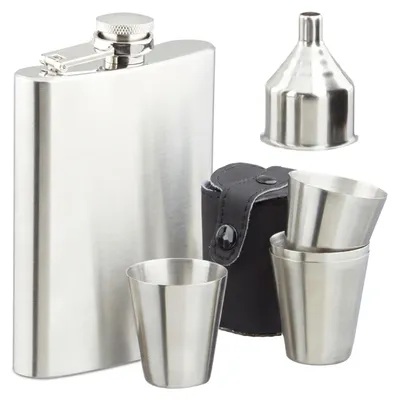 Produktbild von Relaxdays Flachmann Set Edelstahl 7 teilig, 200 ml Flachmann mit Trichter und 4 Becher für Camping und Festival, silber, KI-generiertes Bild