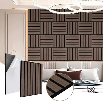 Immagine prodotto di Ikodm, 12 pannelli acustici da 30x30 cm, pannelli decorativi per interni, pannelli in legno per pareti, pannelli fonoassorbenti autoadesivi, parete a lamelle in noce nero su feltro