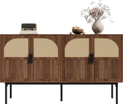 Produktbild von Sideboard - 140x40x80 cm Rattan/Walnuss - 4 Türen & gedämpfte Scharniere - Stahlrohrbeine