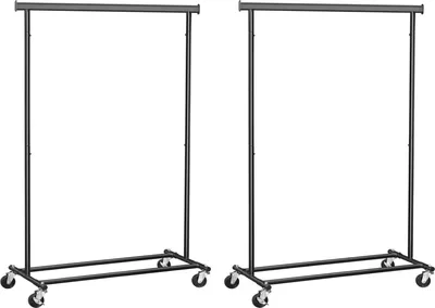 Two empty black metal garment racks on wheels, displayed side-by-side against a white background.