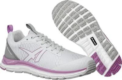 A pair of white and purple athletic shoes, with one shoe shown from the side and the other shown from the sole.