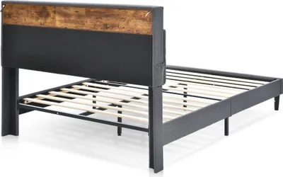 Obrázok produktu pre Merax čalúnená posteľ 140x200 cm manželská posteľ s LED osvetlením, úložnými priestormi a lamelovým roštom, úložná posteľ funkčná posteľ z ľanu, sivá