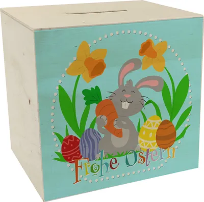 Produktbild von Frohe Ostern Spardose aus Holz mit niedlichem Osterhasen und Ostereiern