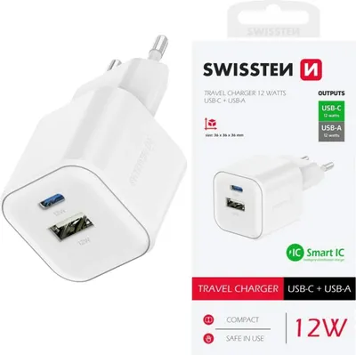 Product packaging for a white Swissten travel charger with USB-C and USB-A ports.