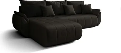 A dark brown sectional sofa with multiple throw pillows is shown against a white background.