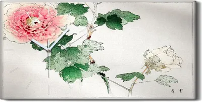 Produktbild von Wanduhr Uhr Wandbild Leinwand Quarz 60x30 Malerei Asiatische Blätter Blumen - weiße Hände