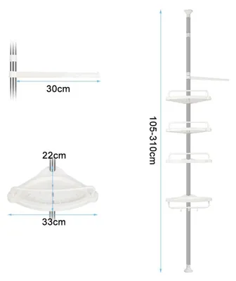 Obrázok produktu pre Polica do kúpeľne s teleskopickými tyčami – rohová polica do sprchy – nastaviteľná výška 105–310 cm – 4 úrovne – stojaca, bez vŕtania – plastový organizér do kúpeľne – biela