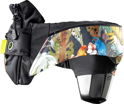 A close-up product shot of a black Hövding 3.0 airbag system cover with a tropical bird and leaf pattern.