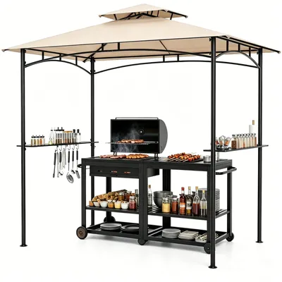 Immagine prodotto di KOMFOTTEU: gazebo per barbecue da 242 x 150 cm, tettoia a due piani con 2 ripiani, 6 ganci e struttura in metallo; tettoia per barbecue per giardino, prato, terrazza o piscina